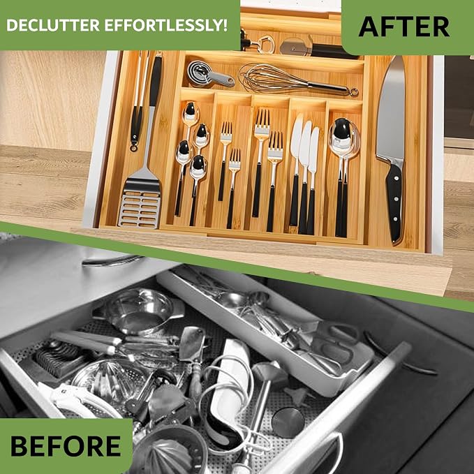 Bamboo Kitchen Drawer Organizer, Expandable Wood Utensil Tray, Adjustable Silverware Organizer with 9 Compartments for Fork, Spoon & Knife Utensils - Image 4