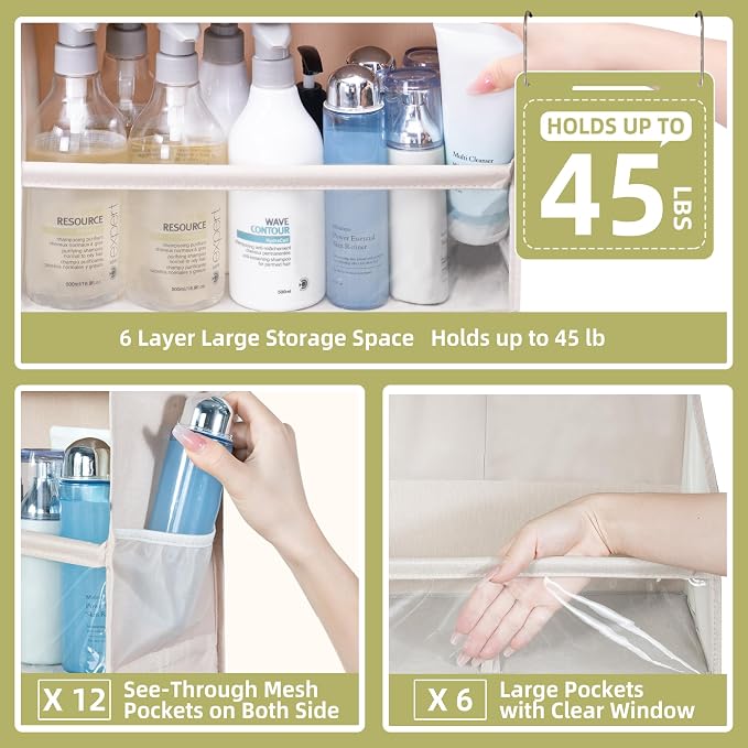 Over Door Organizer with 6 Extra Large Pockets 12 Side Pockets, Sturdy Closet Storage Rack, Hanging Storage Organizer with Clear Window for Shoes, Diapers, Toys, Bedroom, Bathroom, Beige - Image 3