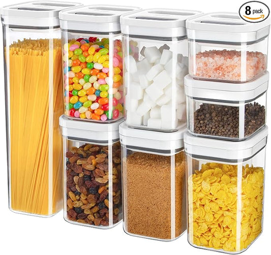 MR.SIGA 8 Piece Airtight Food Storage Container Set for Pantry Organization | BPA Free, stackable, one-handed kitchen storage containers for cereals, spaghetti, pasta, white by MRSIGA