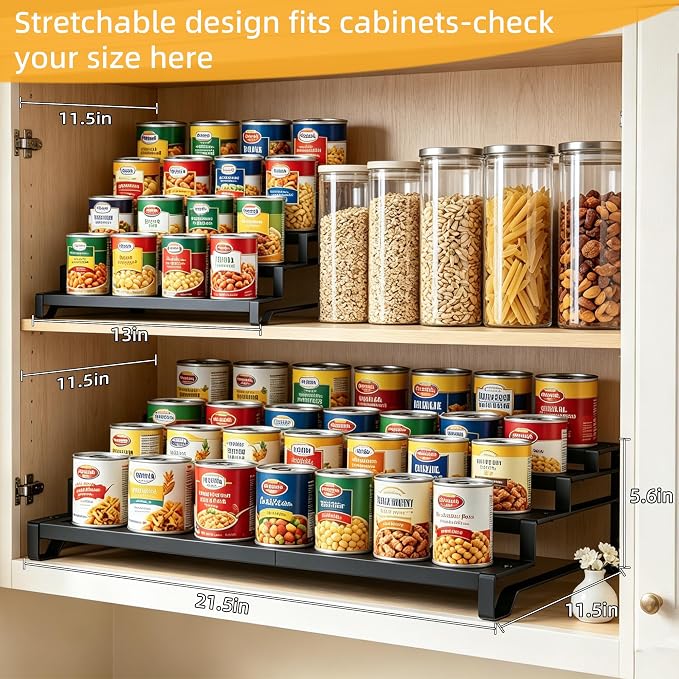 Expandable Can Organizer for Pantry, 4 Tier Metal Canned Food Storage | 13"-21" Adjustable Length, Tiered Reversible Shelf Design, Large-Capacity Storage for Kitchen Cabinets & Countertops - Image 2