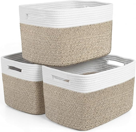 Storage Baskets for Organizing, 14 x 10 x 9” Closet Shelf Woven Baskets, Square Bins with Handles, Cotton Rope Basket for Clothes, Office, Room, White+Rice Brown 3 Pack by Unknown