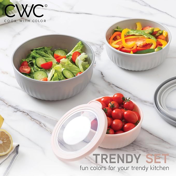 COOK WITH COLOR Prep Bowls with Lids- Wide and Deep Nesting Plastic Small Mixing Bowl Set with Lids, 8 Piece Set - Wide Bowls, Grey/Pink - Image 2