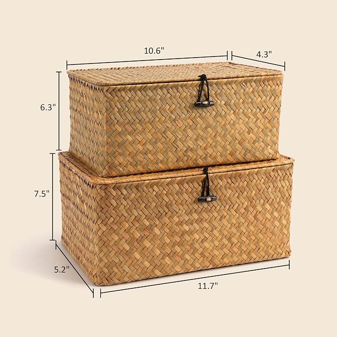 Nonam Storage Basket with Lid, Natural Seagrass Bin with Lid Set of 2, Shelf Baskets Multipurpose Container for Boho Decoration, Rectangular Household Storage Boxes for Home Organization-Natural - Image 3