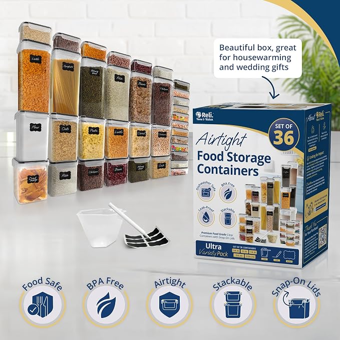 Reli. Pantry Organizers and Storage (36 Sets) Food Containers with Lids | Clear | Airtight plastic storage containers, Kitchen organizers, Food storage canister sets with lids, BPA free, Multi-size - Image 4