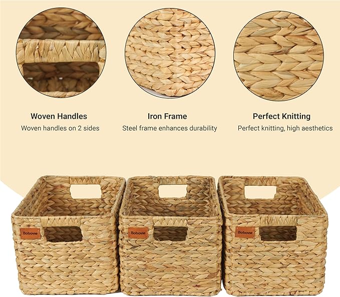 Large Wicker Storage Baskets, Set of 3, Water Hyacinth Basket Organizer, 14.2x10.2x8.7H Inches -Great Storage Solution for Shelf and Pantry Storage - Image 3