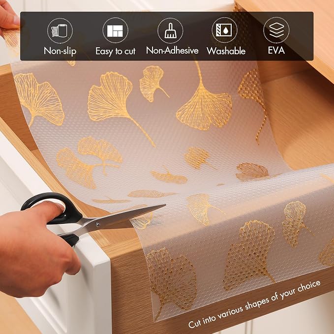 Cooyes Shelf Liner, Non Adhesive Drawer and Cabinet Liner, EVA Washable Oil-Proof Shelf Paper for Kitchen Cabinets, Refrigerator, Storage, Desks with Modern Pattern （Gold Ginkgo，17.5" W x 360" L） - Image 5
