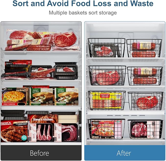 Freezer Organizer Bins - For 16/17/21 Cu Ft Upright Freezer, 4 Pack | Wire Baskets 2 Large & 2 Medium Sizes, Slide-Out for Easy Access, Prevent Food Falling Out, Keep Stand-Up Freezer Tidy, Black - Image 4
