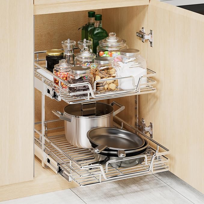 2-Tier Kitchen Cabinet Pull Out Shelf and Drawer Organizer Slide Out Pantry Storaqe Basket in Multiple Sizes (15" W x18 D) - Image 4