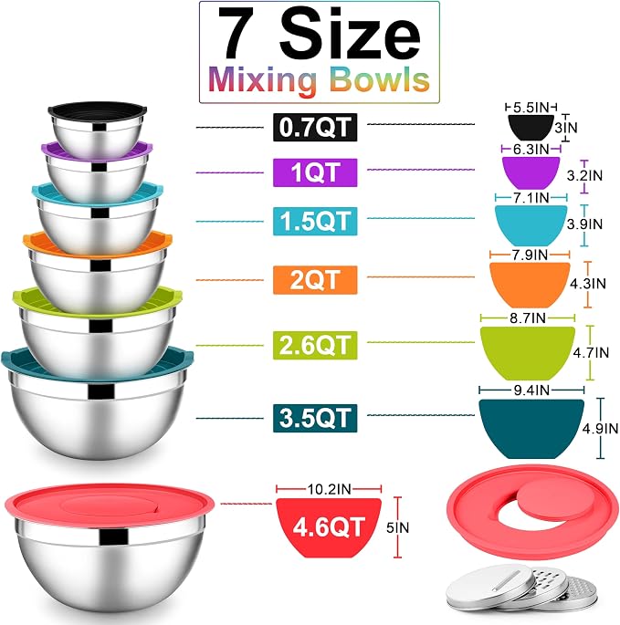 E-far Mixing Bowls with Lids Set, 7-Piece Stainless Steel Mixing Bowls with 3 Grater Attachments, Size 4.6, 3.5, 2.6, 2, 1.5, 1, 0.7QT, Nesting Design & Colorful Airtight Lid, For Baking/Prepping - Image 5