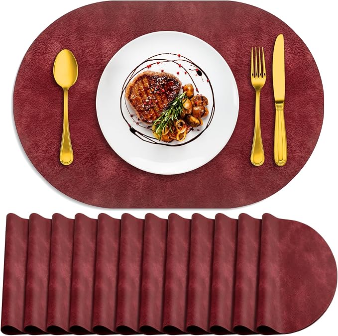 ADRIMER Placemats, Heat Resistant Oval Placemats Set of 12 Washable 12 x 17 Inch, Waterproof Table Mats, Wipeable Pu Place Mats for Kitchen, Dining Room, Wine Red by Adrimersdreamistobeanindispensablecompanioninyourlife
