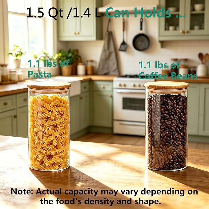 VIEWELLD 1.5 Qt Round Glass Storage Containers with Lids, Clear Food Storage Container Jar with Sealing Bamboo Lid for Noodles Flour Cereal Rice Sugar Tea Coffee Beans, Round Set of 3 - Image 4