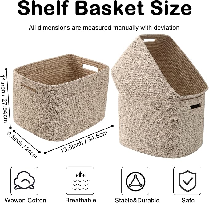 3 Pack Woven Baskets,Storage Baskets for Shelves with Handles | 13.5"×11"×9.5", Closet Baskets, Nursery Organizer for Toys Towels Books, Storage Bin for Living Room Bedroom (Mixed Brown) - Image 2
