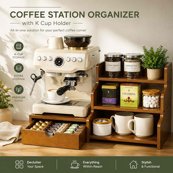 Coffee Station Organizer with K Cup Holder Drawer for Countertop, Coffee Tea Bar Accessories Office Corner Stand Station, 28 Pods Holder Drawer 3-Tier Trapezoidal Wooden Syrup Organizer Rack - Image 3