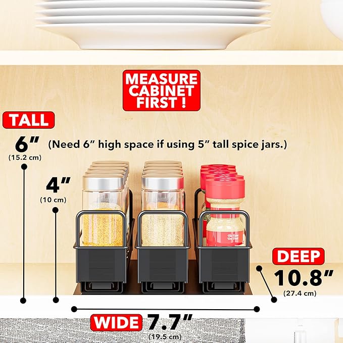SpaceAid Pull Out Spice Rack Organizer for Cabinet, Heavy Duty Slide Out Seasoning Kitchen Organizer, Cabinet Organizer, with Labels, 7.7" W x10.75 D x4 H, 3 Drawers 1-Tier - Image 2