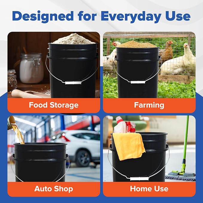 5 Gallon Bucket - Food Grade w/Lid BPA-Free, Black/Green, 3 | Airtight Gamma Seal Screw-On Lid, Heavy-Duty 90 Mil HDPE Plastic, Food Safe and Durable Container, Bulk Storage, Made in USA - Image 7
