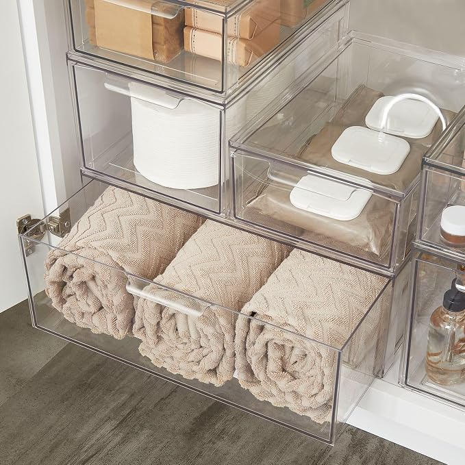 mDesign Plastic Stackable Bathroom Storage Organizer Bin Containers with Front Pull Drawer for Bathroom Countertop, Vanity, Closet Shelves - Holder for Accessories - Lumiere Collection, 2 Pack, Clear - Image 6