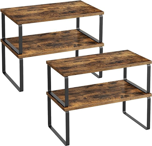 SONGMICS Cabinet Organizer Shelf, Set of 4 Kitchen Counter Shelves, Kitchen Storage, Spice Rack, Stackable, Expandable, Metal and Engineered Wood, Ink Black and Rustic Brown UKCS022X01 by Unknown