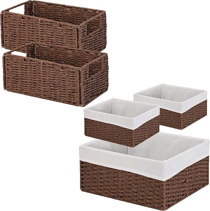 Wicker Baskets for Storage, Set of 5 Hand-Woven Wicker Storage Baskets for Shelves, Cube Storage Baskets Bins with Handles, Wicker Basket for Organizing Pantry Bedroom, Brown by Vagusicc