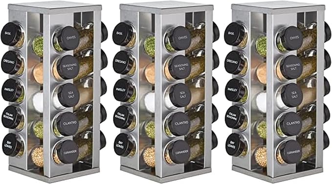 Kamenstein 20 Jar Heritage Revolving Countertop Spice Rack Organizer with Spices Included, FREE Spice Refills for 5 years, Brushed Stainless Steel with Black Caps (Pack of 3) by Kamenstein