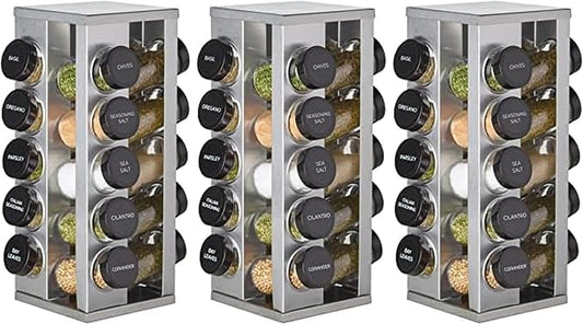 Kamenstein 20 Jar Heritage Revolving Countertop Spice Rack Organizer with Spices Included, FREE Spice Refills for 5 years, Brushed Stainless Steel with Black Caps (Pack of 3) by Kamenstein