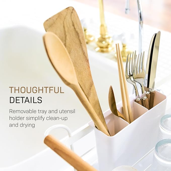 YAMAZAKI Home Dish Drying Rack – Modern White Dish Rack for Kitchen Counter with Removable Drying Tray and Cutlery Holder, Steel + Wood Dish Drying Organizer - Steel + Wood - | Modern dish drying rack organizer with steel and wood construction. Small s... - Image 6
