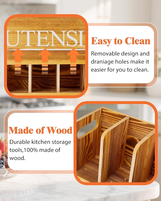 Kitchen Utensil Holder for Kitchen Counter Large Wooden Organizer for Cooking Utensils Utensil Holder Counter Farmhouse Décor (Farmhouse Wooden) - Image 5