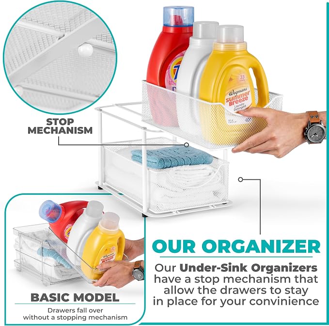 Sorbus 2 Tier Under Sink Bathroom Organizers and Storage, Strong Steel Mesh Sliding Drawers for Enhanced Bathroom Storage Ideal Bathroom Organization and Storage & Under Kitchen Sink Organizer (White) - Image 4