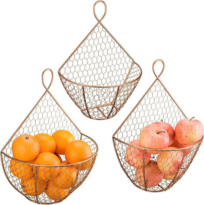 MyGift Set of 3, Farmhouse Copper Metal Wire Mesh Wall Hanging Baskets, Wall-Mounted Storage Basket, Decorative Kitchen Fruit Wall Basket Produce Holder by MyGiftHome