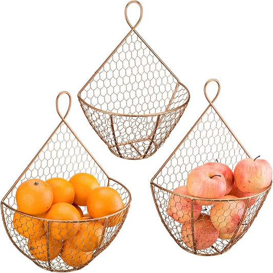MyGift Set of 3, Farmhouse Copper Metal Wire Mesh Wall Hanging Baskets, Wall-Mounted Storage Basket, Decorative Kitchen Fruit Wall Basket Produce Holder by MyGiftHome