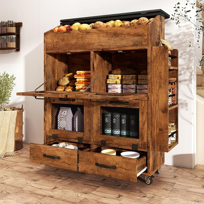 Verano Garden 31.5" Large Potato and Onion Storage Bin on Wheels, Bread Box | Fruit and Vegetable Organizer, Rolling, Side Rack, Flip-top, Mesh Doors, 4-Tier, Grocery Section, Ventilated, Wood, Kitchen - Image 8