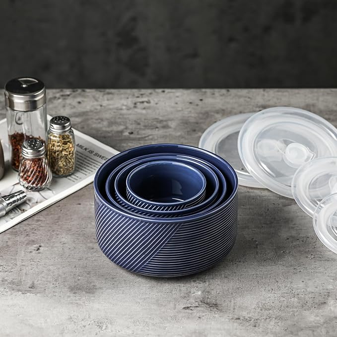 Ceramic Nesting Bowls with Lids, Set of 4, Navy | 50/32/20/10 oz Mixing Bowls with Lids - Porcelain Food Storage Containers For Prep and Serving, Microwave Safe - Image 5