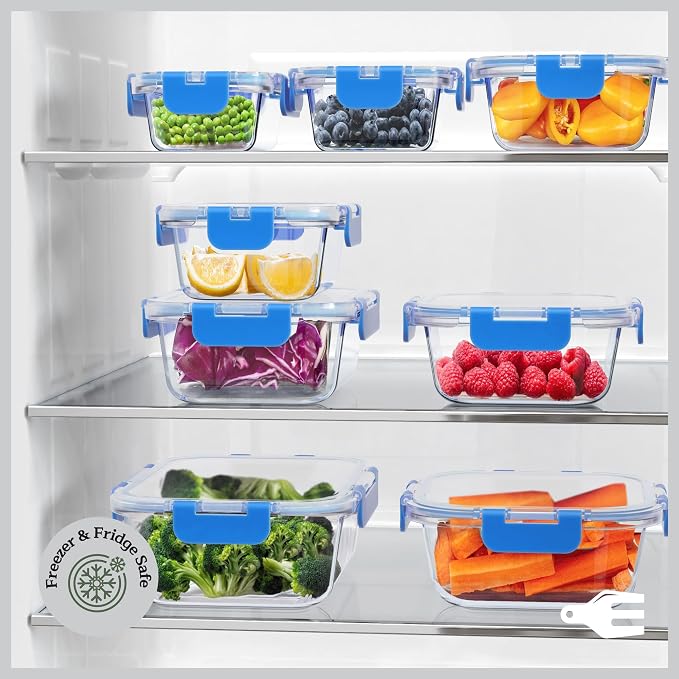 Emporio Kitchen Borosilicate Glass Food Storage Containers with Lids 24 Pieces, BPA-Free Stackable Lunch & Leftover Containers, Microwave, Freezer & Dishwasher Safe, 100% Airtight Leak-Proof, Blue - Image 10