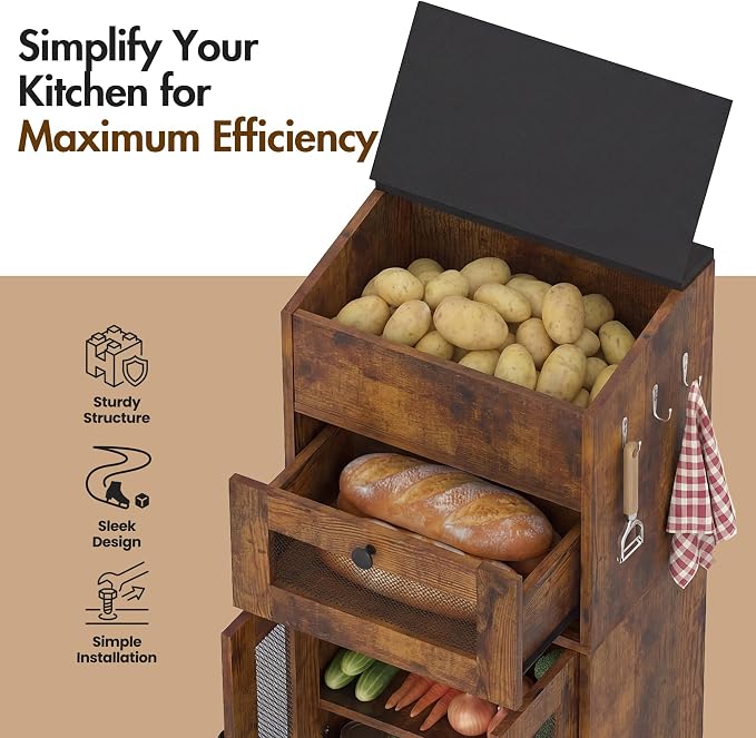 Potato and Onion Storage Bin with Lid, Large Potato Bin with Drawer, Multi-Compartment Wooden Fruit & Vegetable Cabinet with Mesh Doors, Rustic Kitchen Organizer for Pantry (16.9") - Image 3