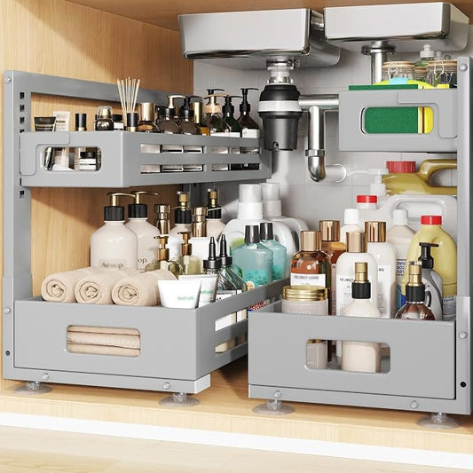 2 Pack 21IN-Depth Under Sink Organizer,Pull Out Cabinet Organizer With Smooth Cylindrical Rail,Metal Slide Out Drawer for Kitchen Bathroom Laundry,8-Level Tool Free Height Adjustable-Gun Gray by UnderSinkOrganizer
