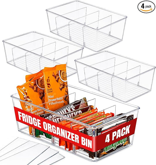 Oizeir Clear Pantry Organizer Bins 4-Pack - Fridge Organizer with 3 Removable Dividers - Kitchen Pantry Organizers & Storage - Storage Cabinet Snack by Oizeir