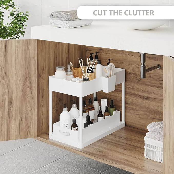 Under Sink Organizers and Storage, Bathroom Cabinet Organizer, Sink Shelf with Utility Hooks and Side Caddy for Under Cabinet Storage | Under Kitchen Sink Organizer with Sliding Drawer, White (1-Pack) - Image 2