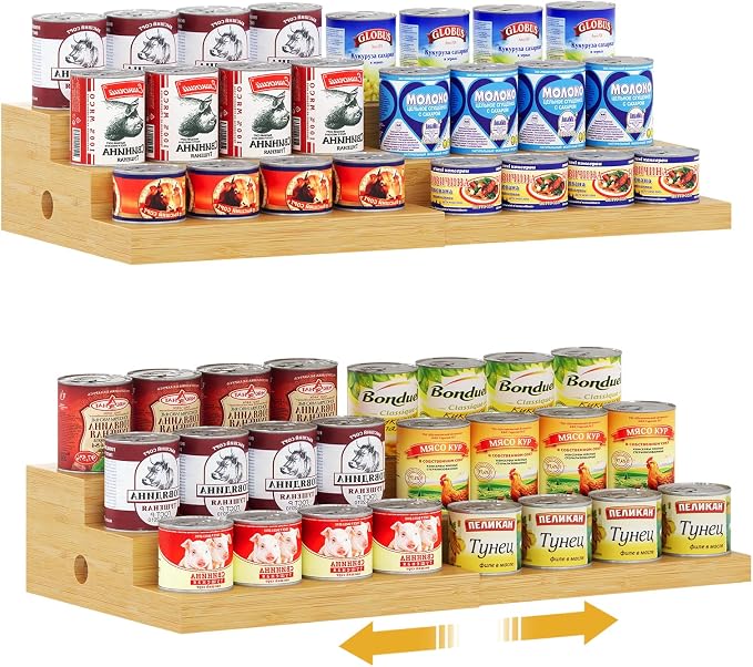 2-Pack Expandable Bamboo Can Organizer for Pantry Display, Holds 48 Cans | 3-Tier Adjustable Can Storage Holder, Soda & Canned Food Organizer Rack for Cabinets & Countertops (Patent Pending) by NuoyuanShen