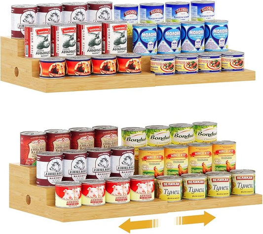 2-Pack Expandable Bamboo Can Organizer for Pantry Display, Holds 48 Cans | 3-Tier Adjustable Can Storage Holder, Soda & Canned Food Organizer Rack for Cabinets & Countertops (Patent Pending) by NuoyuanShen