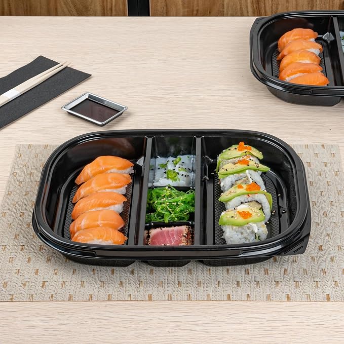 Restaurantware-Bento Tek 50.7 Ounce Meal Prep Containers, 100 Disposable To Go Food Boxes - Lids Sold Separately, 5 Compartments, Black Plastic Bento Lunch Boxes, Freezable, For Take Out - Image 4