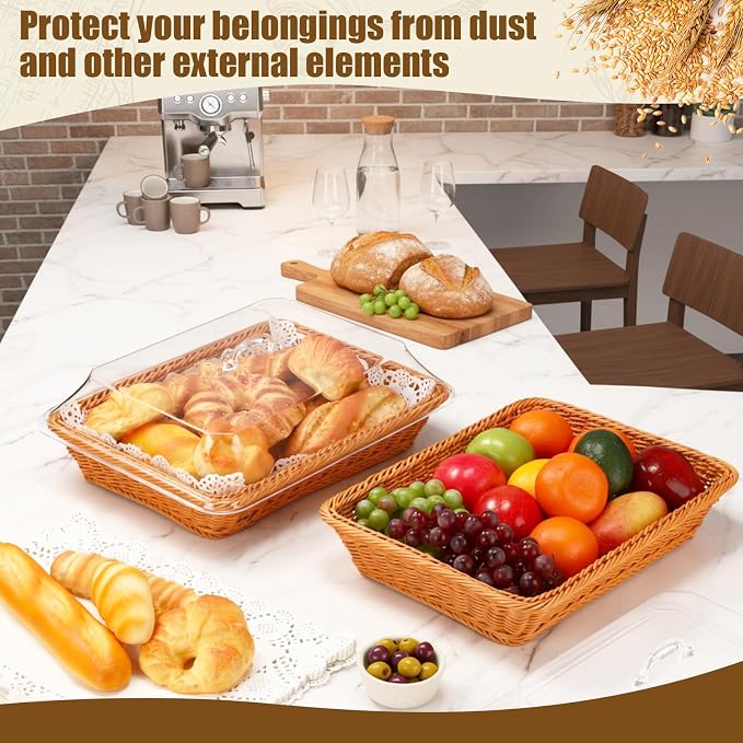 Mumufy 2 Packs Bread Baskets for Serving with Lid 15.75x11.81x2.95'' Imitation Rattan Fruit Storage Basket, and 50 Pcs Food Blotting Sheets for Baker Gift, Kitchen Counter Organization, Bread Display - Image 5