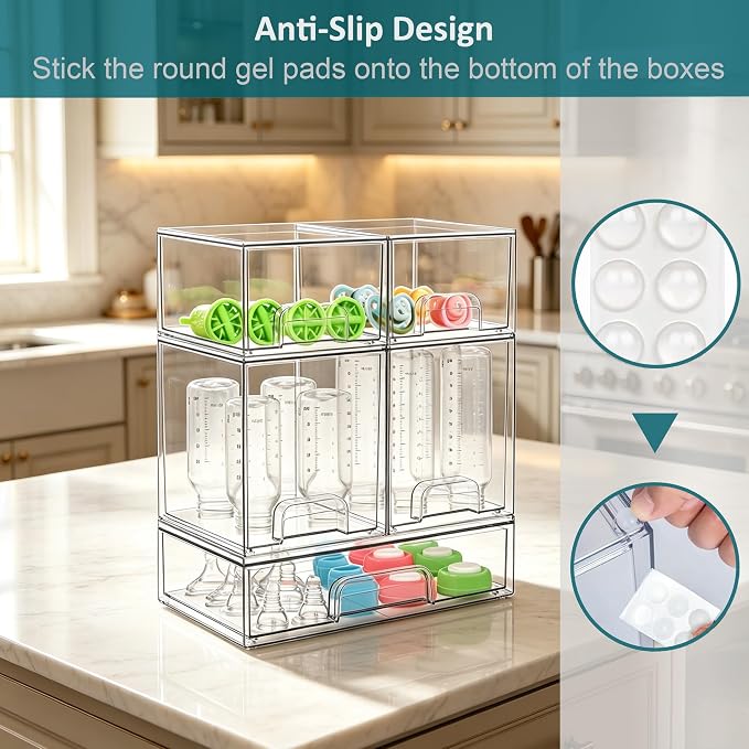 Baby Bottle Organizer for Countertop Food-grade Acrylic Storage for Cabinet | Set of 5 Clear Stackable Organizers with Drawers for Bottles, Plastic Baby Station Organization for Pacifiers, Pump Parts - Image 4