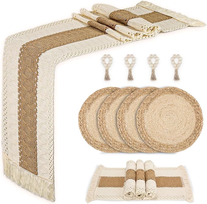 Placemats Set of 4 w/Charger Plates Table Mats Table Runner & Napkin Rings | All in One Placemats,Boho Farmhouse Style Heat-Resistant Non-Slip Protective Round Woven Placemats for Dining Table Décor by Zology