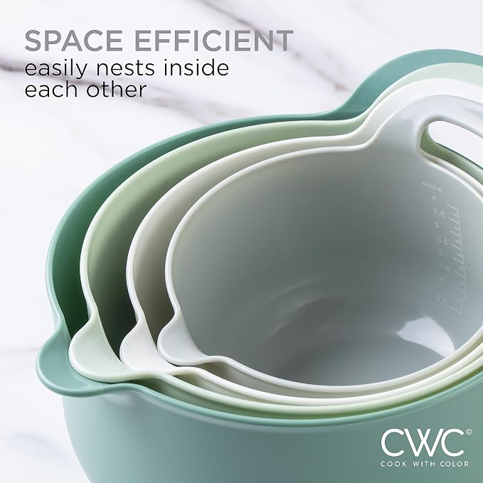 COOK WITH COLOR Nesting Plastic Mixing Bowl Set with Pour Spouts and Handles, Sage, 4 Piece Non-Slip - Image 7