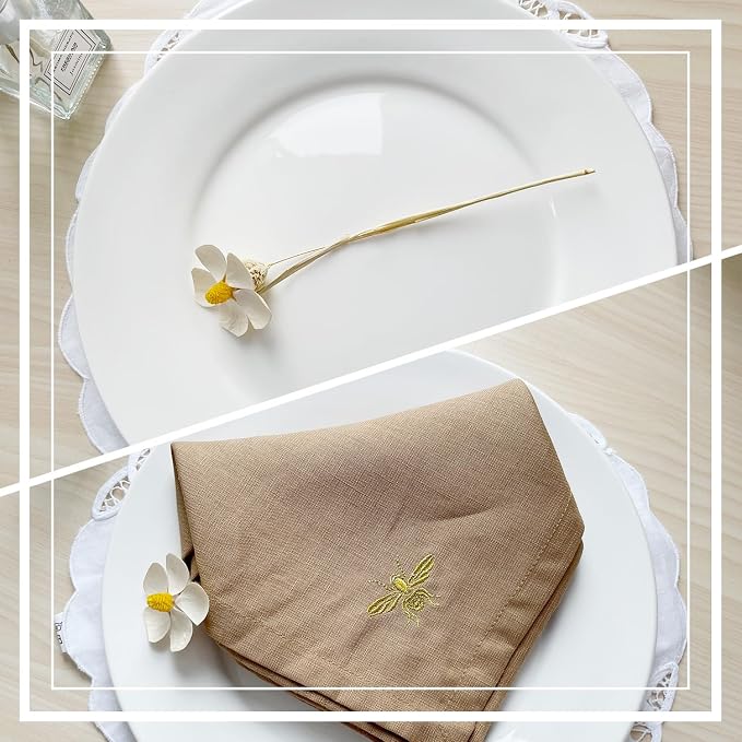 DerF HOME Embroidered Linen Napkins, Mustard Yellow, Set of 4, 18x18 | 100% Pure Linen Cloth Dinner Napkins with Elegant Embroidery, Reusable Washable Table Napkins for Fall Decor, Party & Dining - Image 6