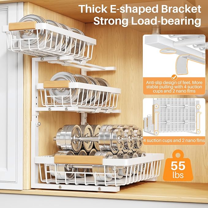PXRACK Under Sink Organizer, 2-Pack 3-Tier Height Adjustable Thickened Metal Pull out Cabinet Organizer Shelf, Slide out Storage Drawer Rack for Bathroom Kitchen Pantry Home Organization, White - Image 6