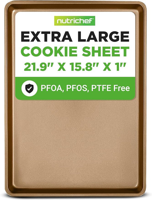 NutriChef Nonstick XL Cookie Sheet Baking Pan - Extra Large 22" x 16" Carbon Steel Oven Baking Sheet for Pastries, Desserts, & More - Dishwasher Safe, Gold by NutriChef%E2%84%A2Kitchen