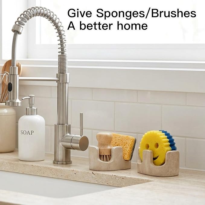 Travertine Sponge Holder for Kitchen Sink, 2-in-1 Sponge & Brush Holder, 2 Slot Natural Stone Sink Caddy for Countertop, Keeps Countertops Dry, Non-Slip Base, Elegant Kitchen Decor, Beige - Image 3
