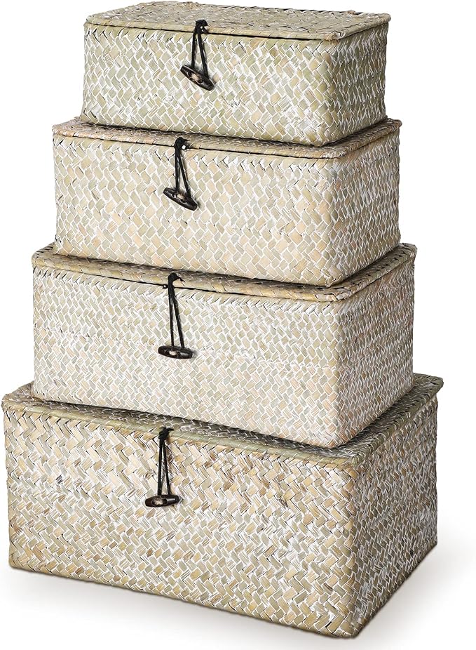Woanger Set of 4 Wicker Baskets with Lids, Nautral Seagrass Storage Baskets, Woven Rectangular Basket Bins, Rattan Storage Organizer for Shelf Closet Bedroom(White) by Woanger