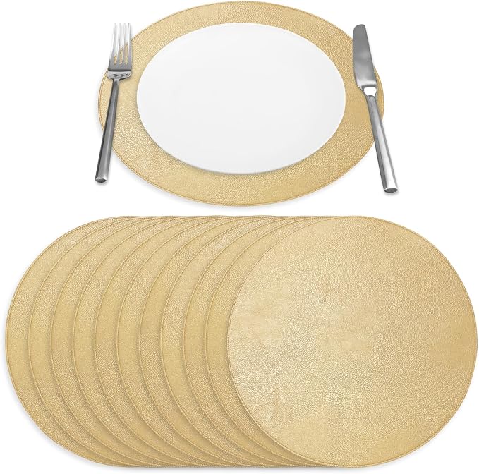 Morgan Faux Leather Round Set of 12 Placemats, 15",Gold, Heat Resistant, Stain Resistant, Non-Slip, Reversible, Durable Table Mats for Kitchen, Dining Table, Indoor Washable Use by Homewear