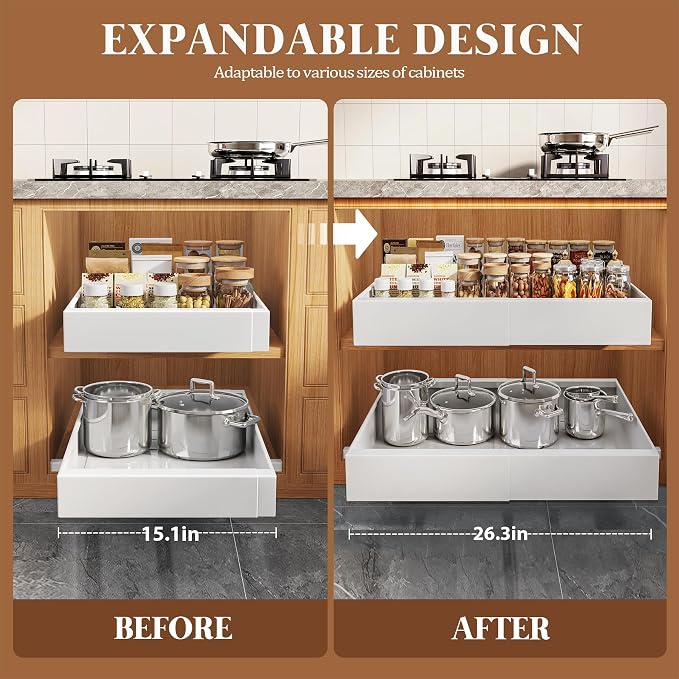 Seinloes 4 Pack Expandable Pull Out Cabinet Organizer 21"Deep With Raising Pad for Framed Cabinets,Upgrade 3 Slide Rails Slide Out Drawers,No Drill Roll Out Shelves,Adjustable Width 15.1"-26.3" White - Image 4